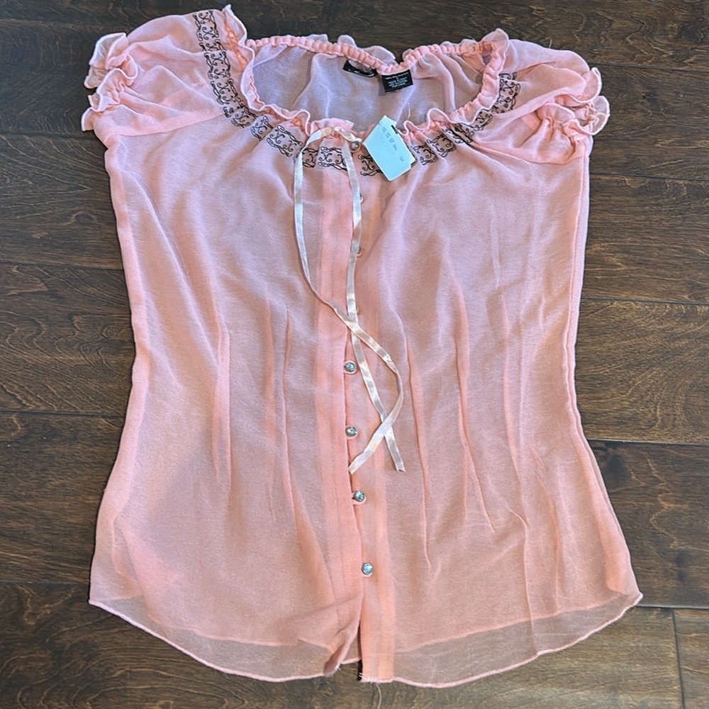 Maurices Womens Blouse Cap Sleeve Peach Embroidered Sz S ST3225